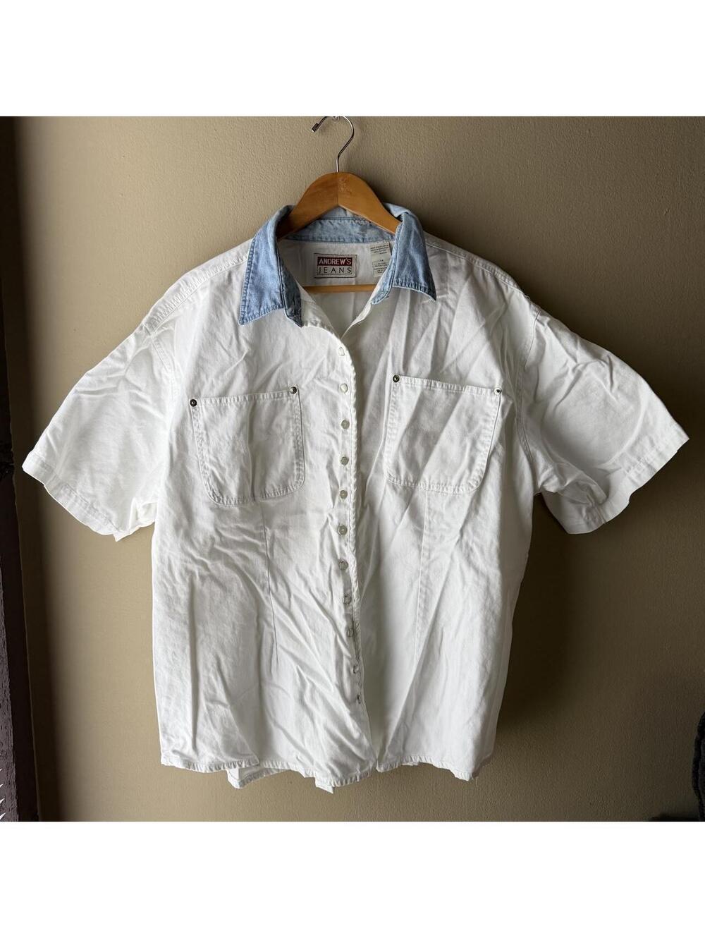 Vintage 90s Andrew’s Jeans White Denim Collar Snap Shirt 1X